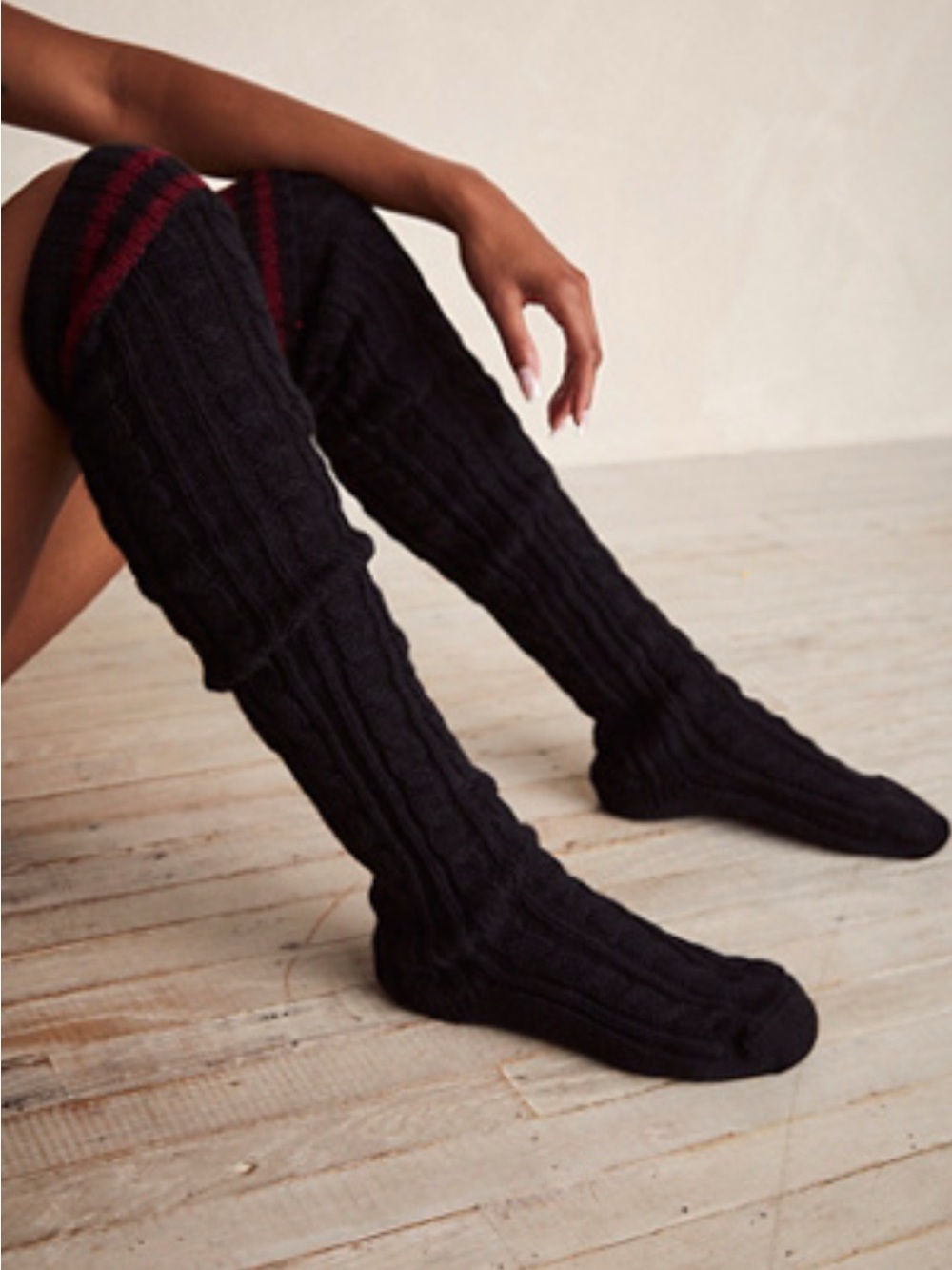 Alpine Stripe Cable Over-the-Knee Black Socks w/ Burgundy Stripe 🧦 Boot Winter
